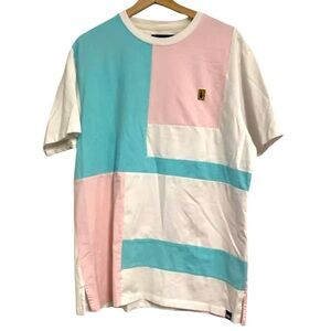 Makobi T-Shirt Metal Tag Logo Shirt Pink Green White Colorblock Mens Size XL